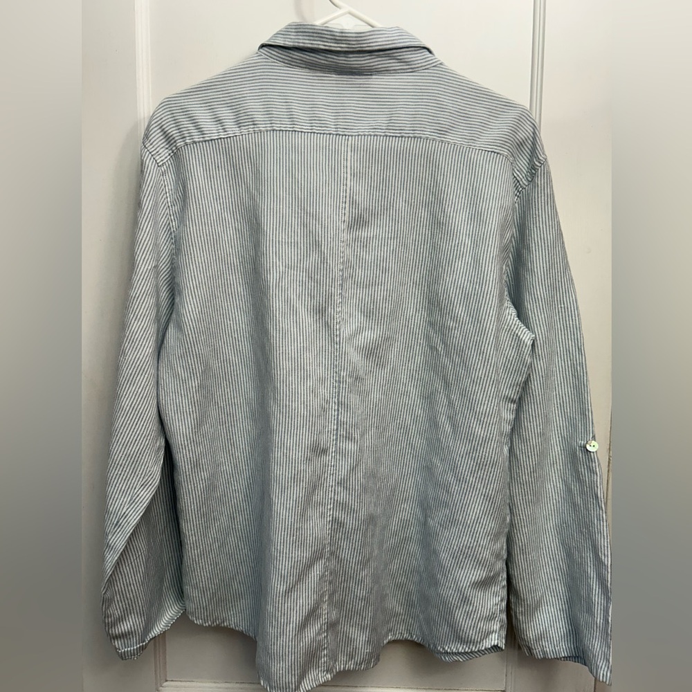 Chico's Shirt Button Up Light Blue Striped Pearl Linen Blend Lagenlook Size 3 - Picture 7 of 7